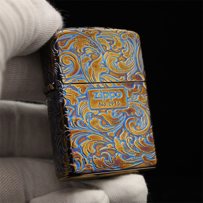 zippo煤油打火机防风砂轮官正品芝宝美国原版盔甲熏金唐草烧金色