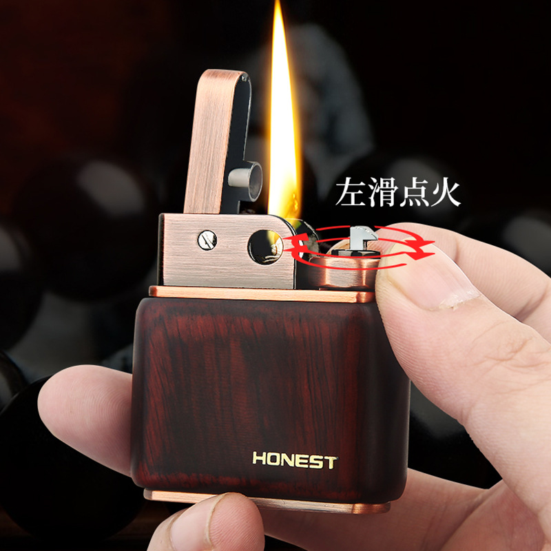 Honest百诚正品男士商务经典复古铜拉丝纯手工超薄木壳煤油打火机
