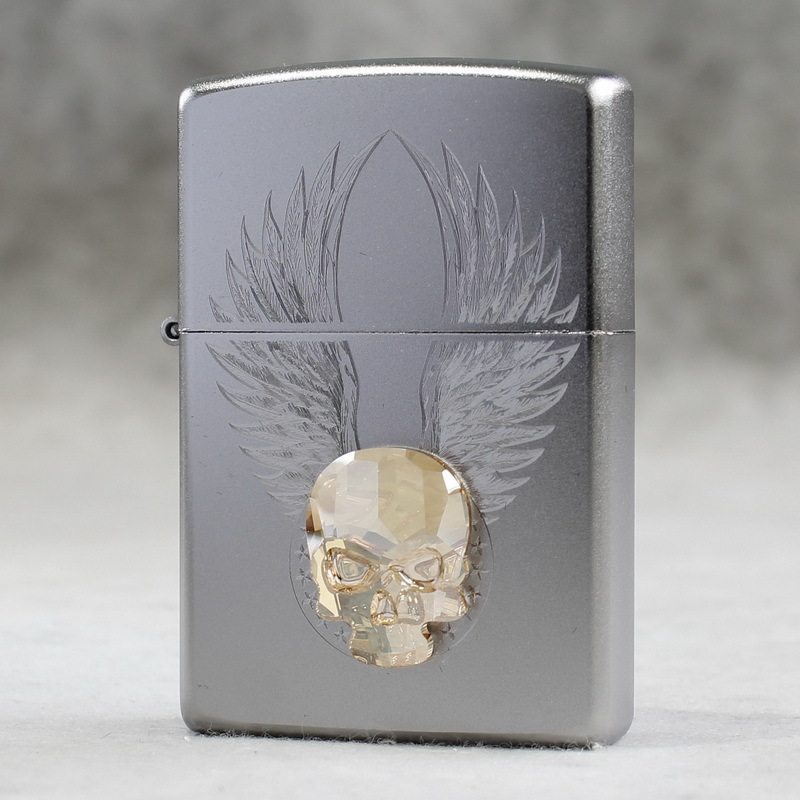 zippo煤油打火机官正品美国芝宝镀铬银色磨砂贴章世奇水晶圆头骨