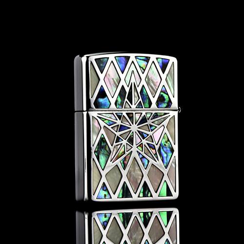zippo煤油打火机官正品美国芝宝轻奢银色盔甲双面镶彩贝壳五芒星