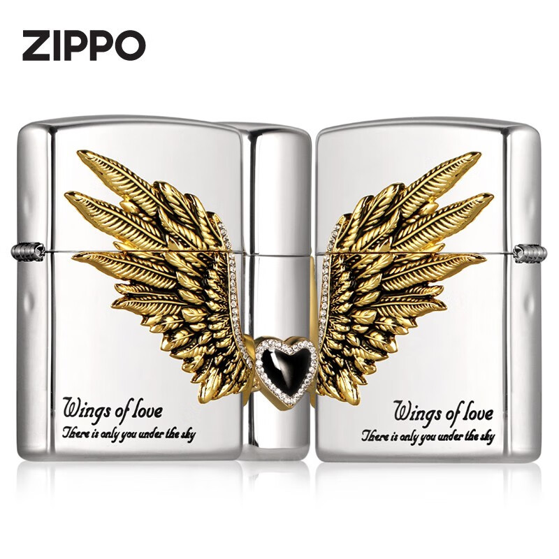 zippo煤油打火机防风砂轮官正品芝宝美国原版爱情之翼翅镜面银色