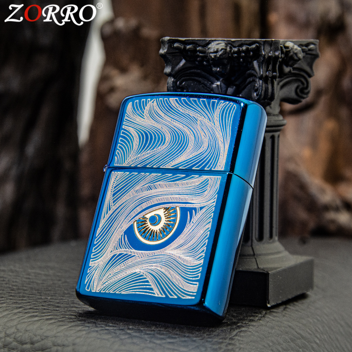 ZORRO佐罗正品纯铜砂轮防风煤油打火机经典蓝冰秋水含睛大眼睛图