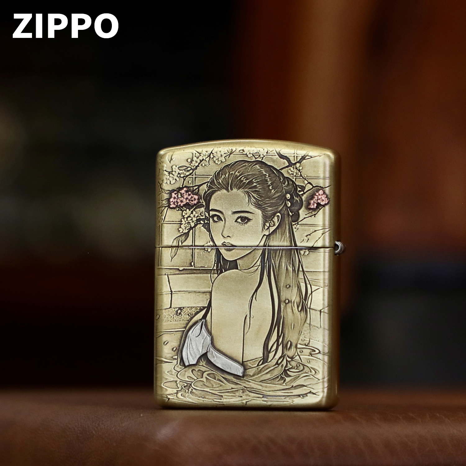 zippo煤油打火机官正品美国芝宝古装美女出水芙蓉黄铜镶嵌盔甲礼