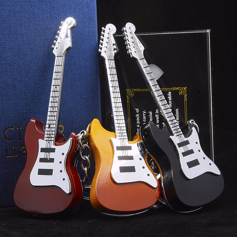 金属时尚彩色艺术风造型吉他钥匙环充气明火打火机拍照摆饰小挂件