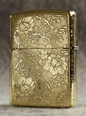 zippo煤油打火机官正品美国芝宝黄铜金色雕刻富贵牡丹花富贵花开
