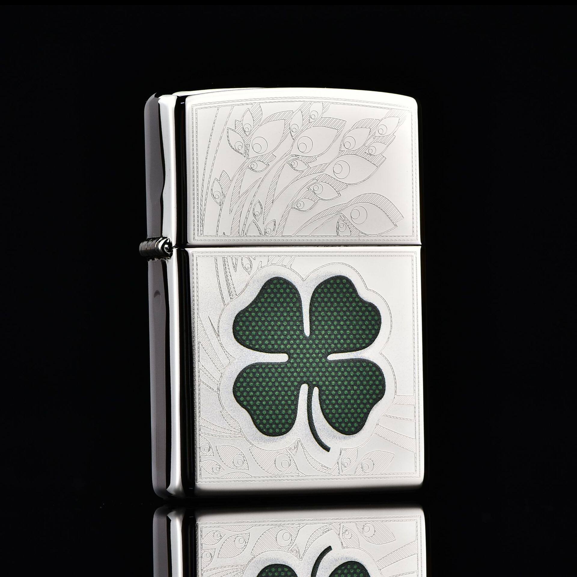 zippo煤油打火机官正品美国芝宝银色光板绿色幸运大四叶草标志款