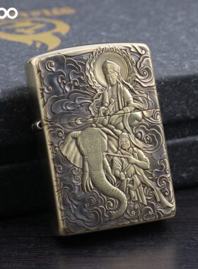 zippo煤油打火机官正品美国芝宝复古铜色盔甲浮雕普贤菩萨坐吉象