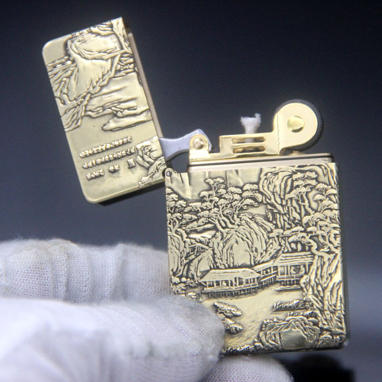 ZORRO佐罗正品纯黄铜块战甲砂轮煤油打火机雕山水鲤鱼貔貅大白菜