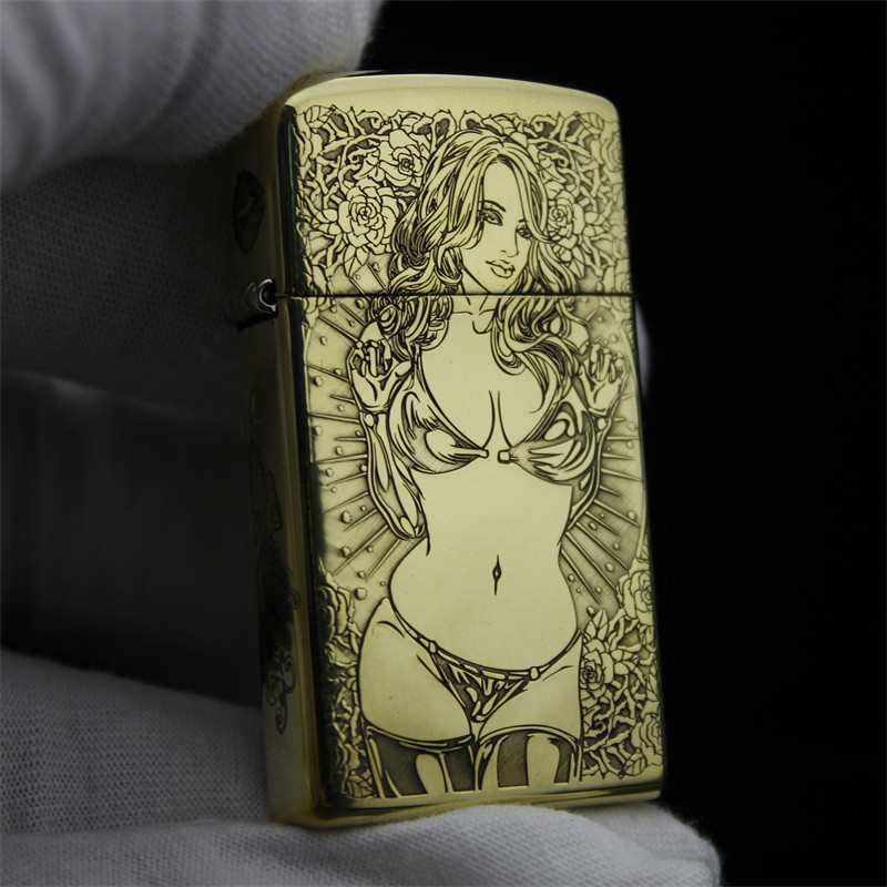 官正品ZIPPO芝宝美国原版防风砂轮煤油打火机纤巧窄款雕骷髅美女