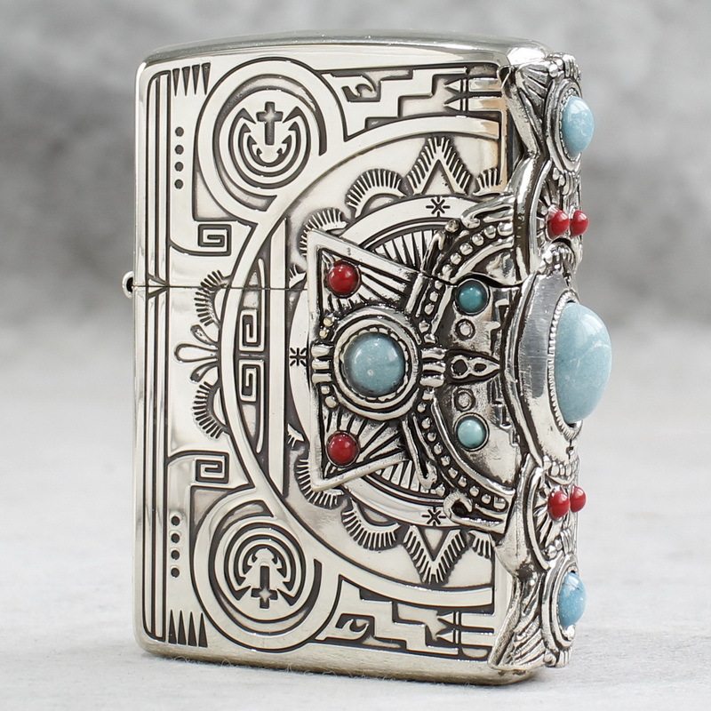 zippo煤油打火机官正品美国芝宝日版镀银镶嵌天然绿松石印第安人