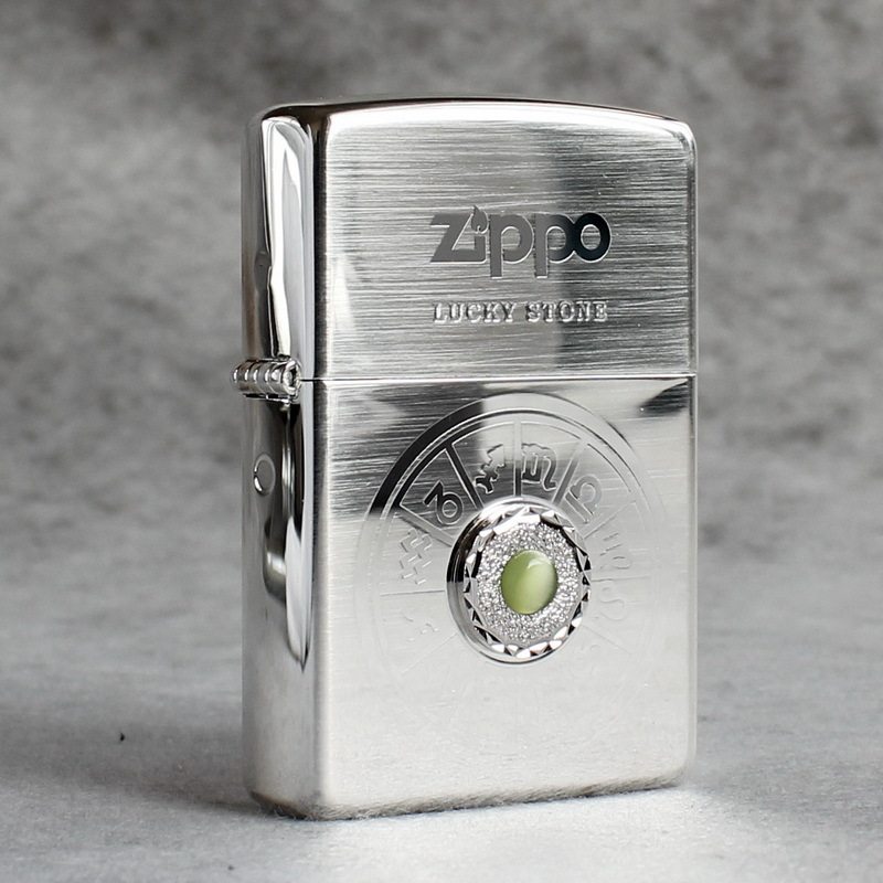 zippo煤油打火机官正品美国芝宝日韩拉丝镀银色罗盘幸运宝石绿色
