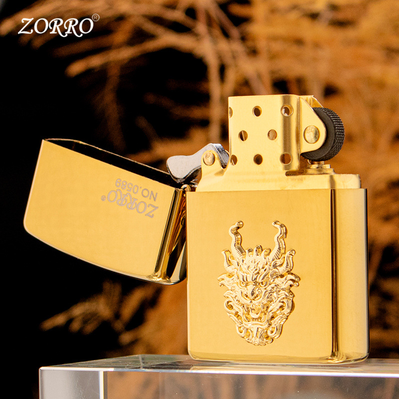 ZORRO佐罗正品纯铜砂轮防风砂轮煤油打火机IP贴章金色神龙新年款