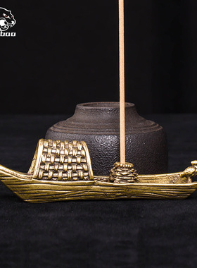 纯黄铜复古法手工匠作旧典藏国风艺术摆件乌篷渔船手把件文玩茶宠