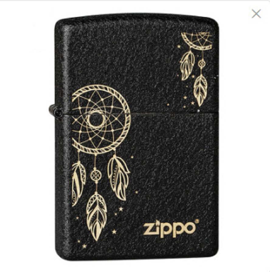 zippo煤油打火机官正品美国芝宝皱纹裂漆黑色磨砂刻羽毛圆捕梦网