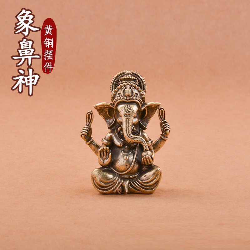 纯黄铜复古法手工匠作旧典藏艺术泰国印度大鼻子象神摆件茶宠文玩
