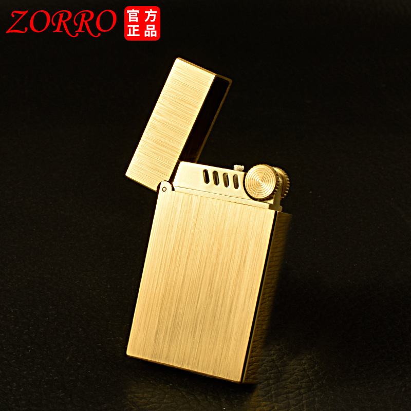 zorro佐罗正品煤油打火机砂轮防风纯铜经典光板金色拉丝朗声潮男