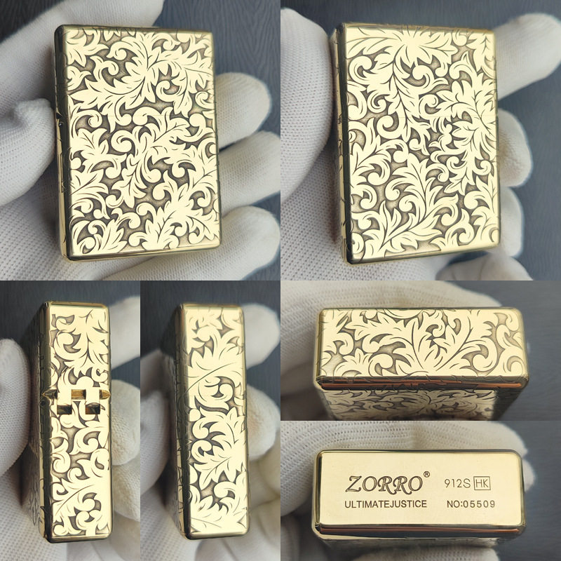 zorro佐罗正品纯铜砂轮防风煤油打火机S重盔甲圆方头大唐草花纹礼