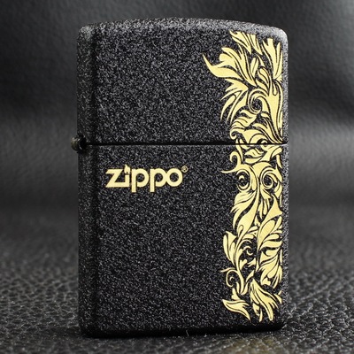 zippo煤油打火机官正品美国芝宝皱纹黑色磨砂黑裂漆雕刻 繁花似锦