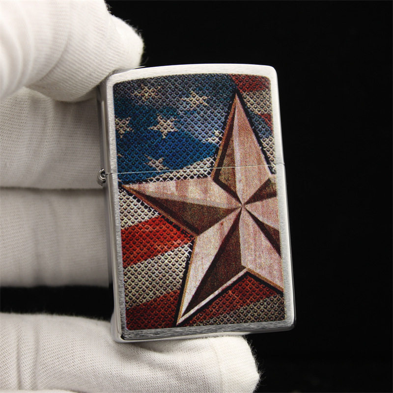 zippo煤油打火机官正品美国芝宝经典镀铬银色拉丝彩印美国星条旗