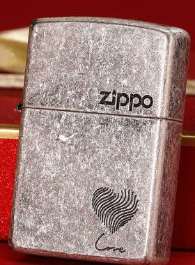zippo煤油打火机官正品美国芝宝复古银滚花刻love指纹爱桃心标志