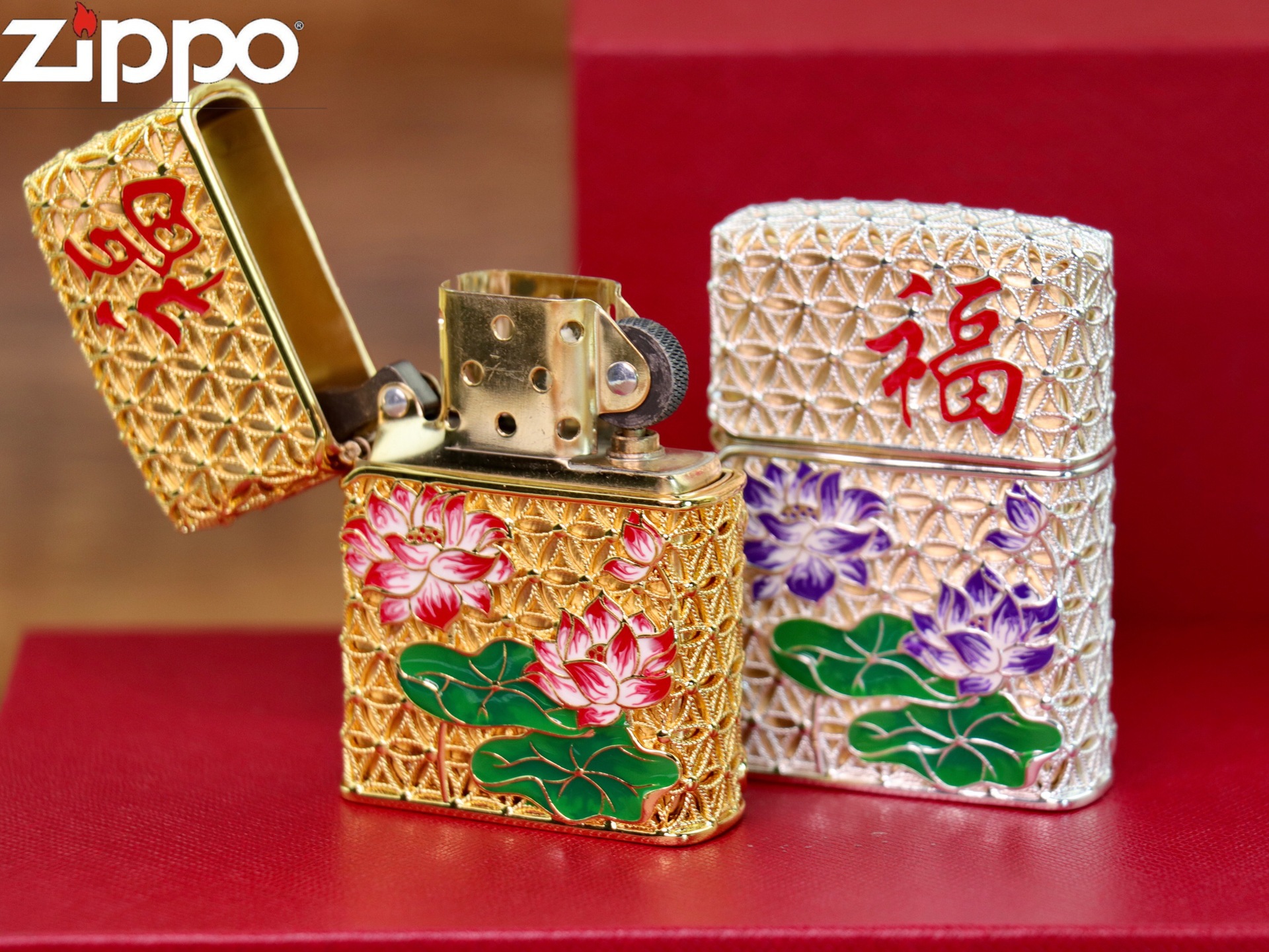 官正品ZIPPO芝宝美国原版防风砂轮煤油打火机丝珐琅镶嵌富贵荷花