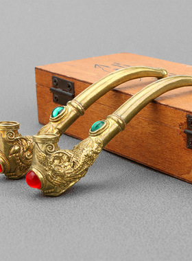 古玩铜器龙凤烟嘴镶宝石工艺