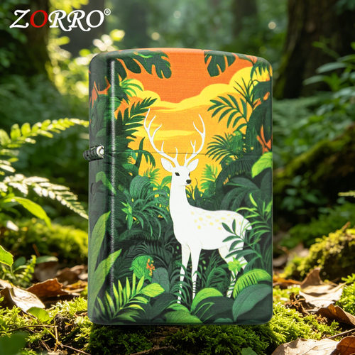 zorro佐罗正品砂轮煤油打火机铜壳绿哑漆彩印丛林深时见鹿梦幻感