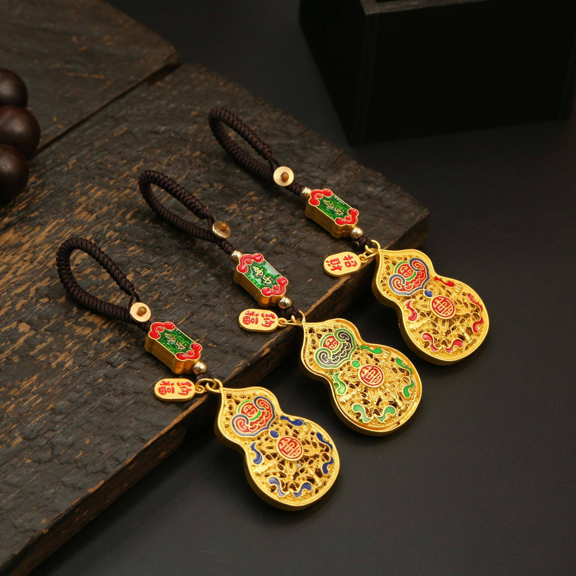 纯黄铜复古法手工匠作旧典藏艺术金色彩葫芦珐琅彩车钥匙挂件吊坠