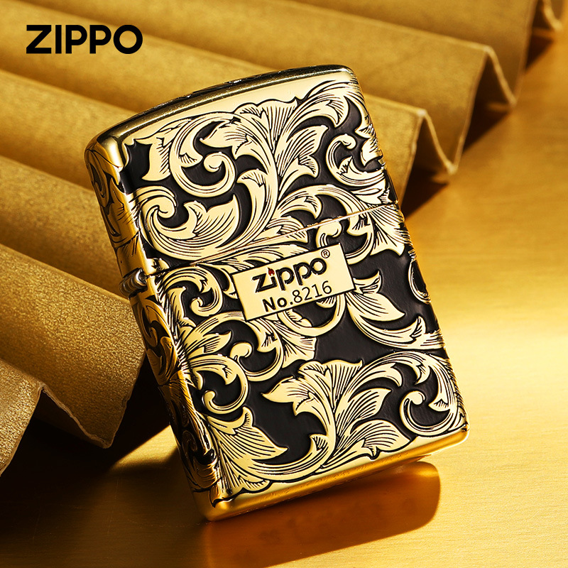 zippo煤油打火机防风砂轮官正品芝宝美国原版盔甲黑金色五面唐草