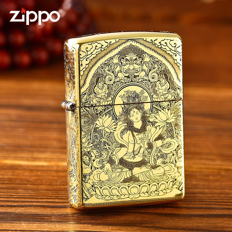 zippo煤油打火机官正品美国芝宝黄铜金色盔甲版五面白度母男礼物
