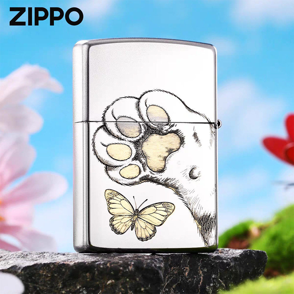 zippo煤油打火机官正品美国芝宝镀铬银色刻花可爱萌猫爪蝴蝶物语