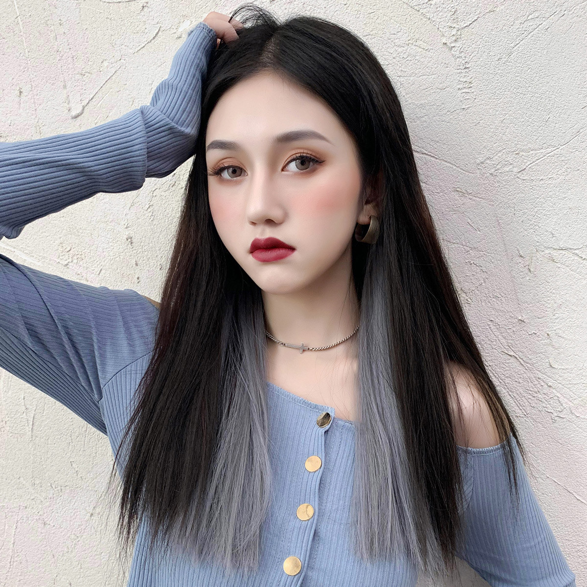 挂耳染假发片一片式中长发网红无痕自然彩色挑染仿直接发片假发女