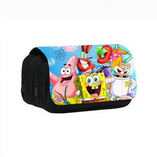 海绵宝宝大号双层铅笔袋大容量黑色卡通可爱的文具盒中小学生笔盒
