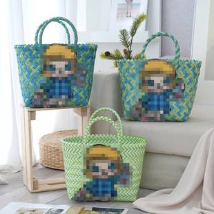 网红甜酷菜篮子编织包卡通刺绣彩色购物篮上班通勤女士手提塑编包