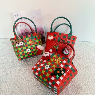 手提小篮子塑料圣诞节糖果篮礼物袋迷你儿童小篮子手工编织宝宝篮