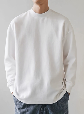 美式小领口 400g重磅新疆纯棉长袖T恤男白色高克重内搭打底衫秋季