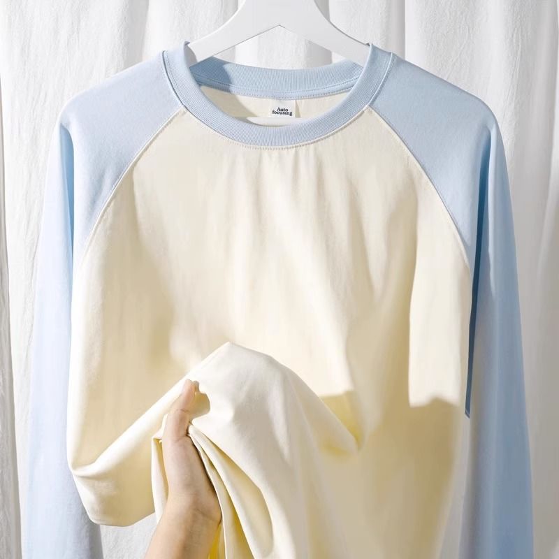 重磅纯棉宽松插肩撞色长袖T恤女