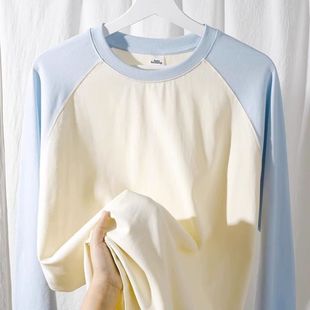 宽松内搭打底衫 T恤女秋冬季 男 300g重磅纯棉插肩撞色长袖 超显白