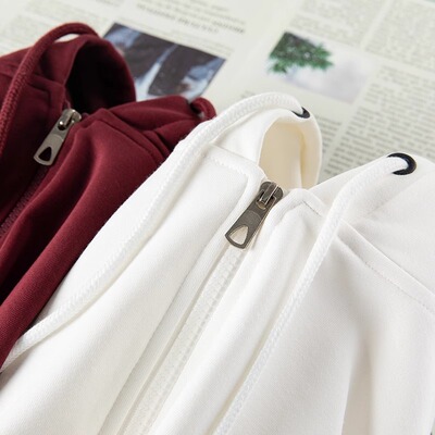 酒红色420G重磅连帽卫衣男女款秋冬纯色拉链美式宽松运动开衫外套