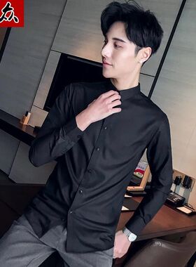 黑色衬衫男长袖12IN秋季韩版潮流青少年休闲寸衫男士短袖衬衣宽松