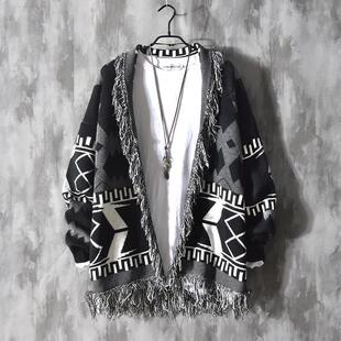 INS日系复古中国风开衫毛衣男chic情侣宽松针织衫外套毛边潮