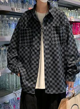 男生棋盘格衬衣ins港风春秋新款潮流日系长袖衬衫男格子原宿外套