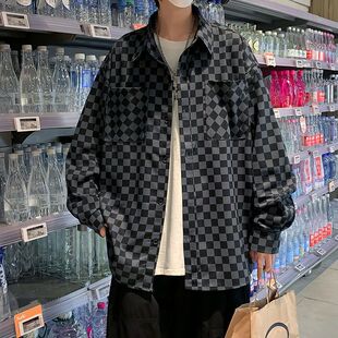 男生棋盘格衬衣ins港风春秋新款潮流日系长袖衬衫男格子原宿外套