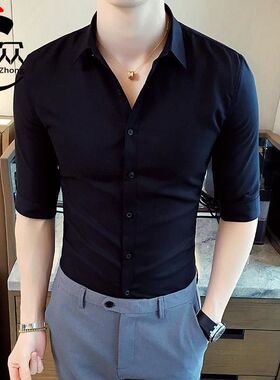 2022夏季男士七分袖衬衫韩版潮流帅气百搭修身款中袖衬衣男装黑色