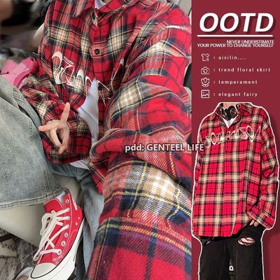 美式街头格子衬衫刺绣外套男女秋冬新款宽松显瘦潮流设计感上衣洋