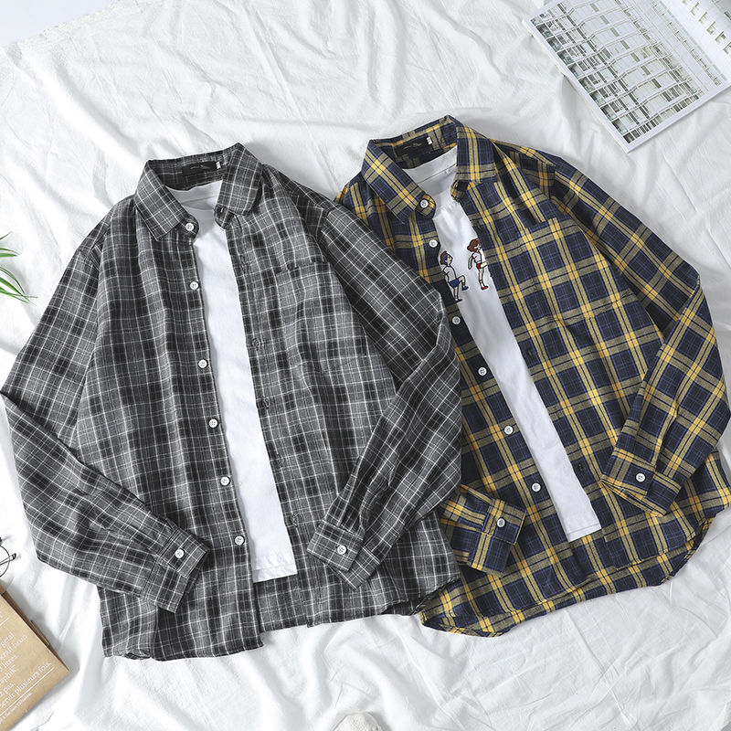 春秋夏季宽松格子衬衫男士外套韩版休闲学生男港风长袖衬衣文艺潮