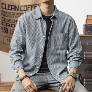 美式复古咔叽男士长袖衬衫秋季宽松硬朗休闲工装衬衣蓝色条纹上衣