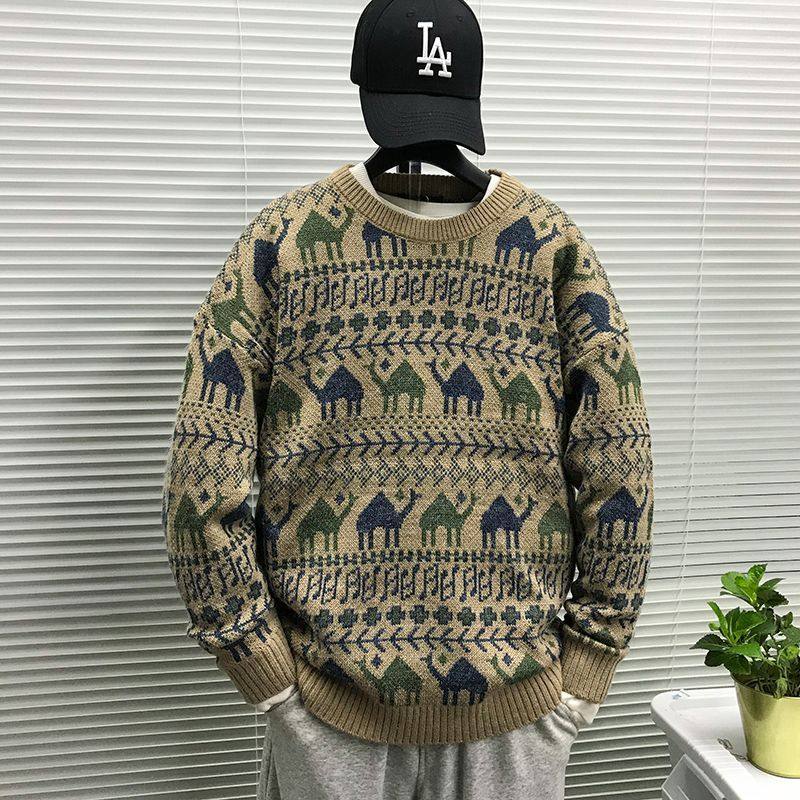 秋冬韩版潮流加厚情侣针织衫男士日系宽松个性提花圆领套头毛衣