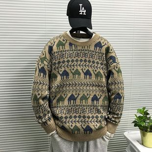秋冬韩版潮流加厚情侣针织衫男士日系宽松个性提花圆领套头毛衣