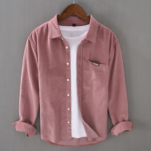 日系灯芯绒长袖衬衫男款春秋季纯色条绒衬衣男装休闲上衣服外套潮